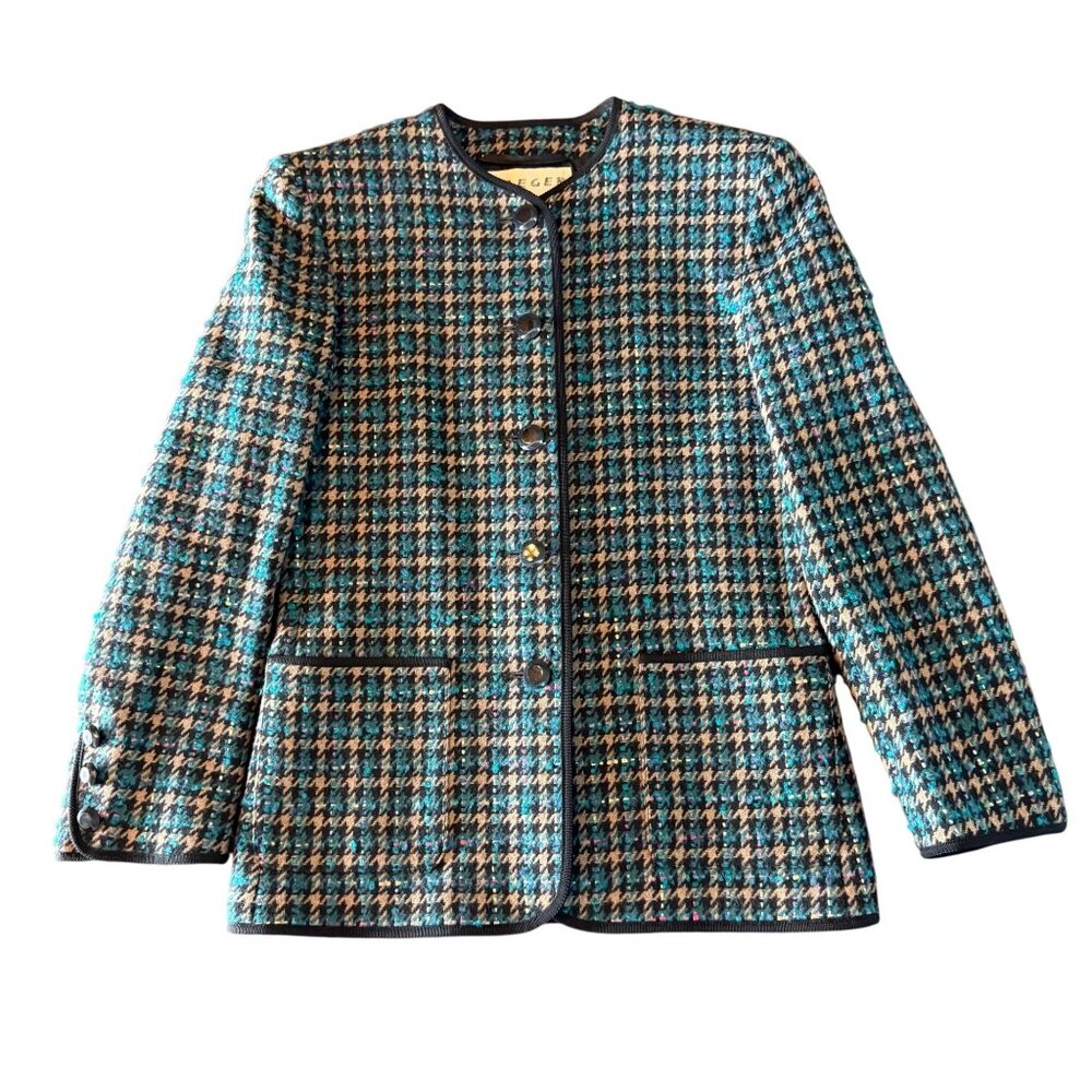 Vintage Jaeger Wool Houndstooth womens Blazer UK 8 Collarless 80's 90'sn